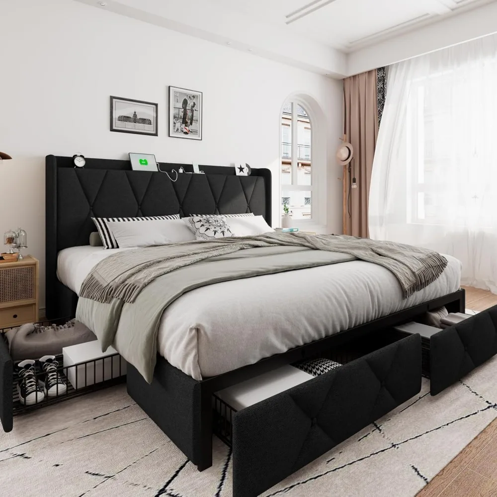 Bed Frame with 4 Storage Drawers, Upholstered Platform Bed Frame with Charging Station, Modern Wingback Storage Headboard
Bed Frame with 4 Storage Drawers, Upholstered Platform Bed Frame with Charging Station, Modern Wingback Storage Headboard