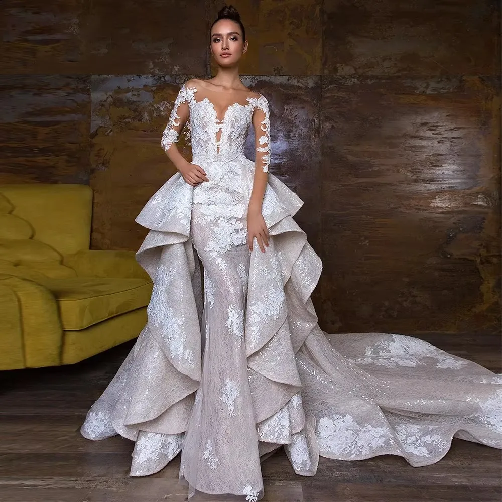 Charming Detachabletrain Wedding Dress Embroidered Lace With Bead Mermaid Ballgown Fullsleeve O-Neck Customized Vestido De Novia
Charming Detachabletrain Wedding Dress Embroidered Lace With Bead Mermaid Ballgown Fullsleeve O-Neck Customized Vestido De Novia