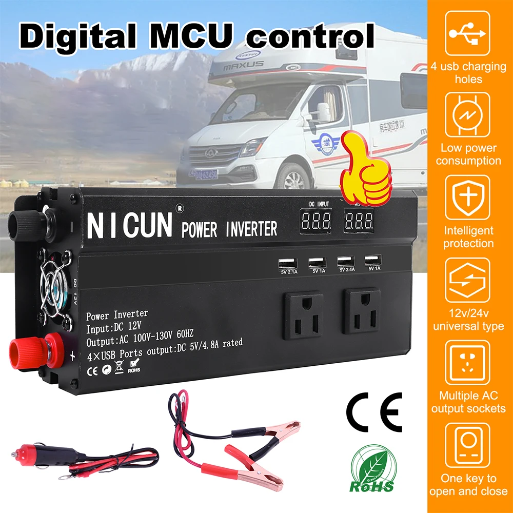 Car Power Inverter Pure Sine Wave DC 12V To AC 110V Solar Power Converter LCD 3 AC Outlets USB Port For Home Outdoor RV Car
Car Power Inverter Pure Sine Wave DC 12V To AC 110V Solar Power Converter LCD 3 AC Outlets USB Port For Home Outdoor RV Car