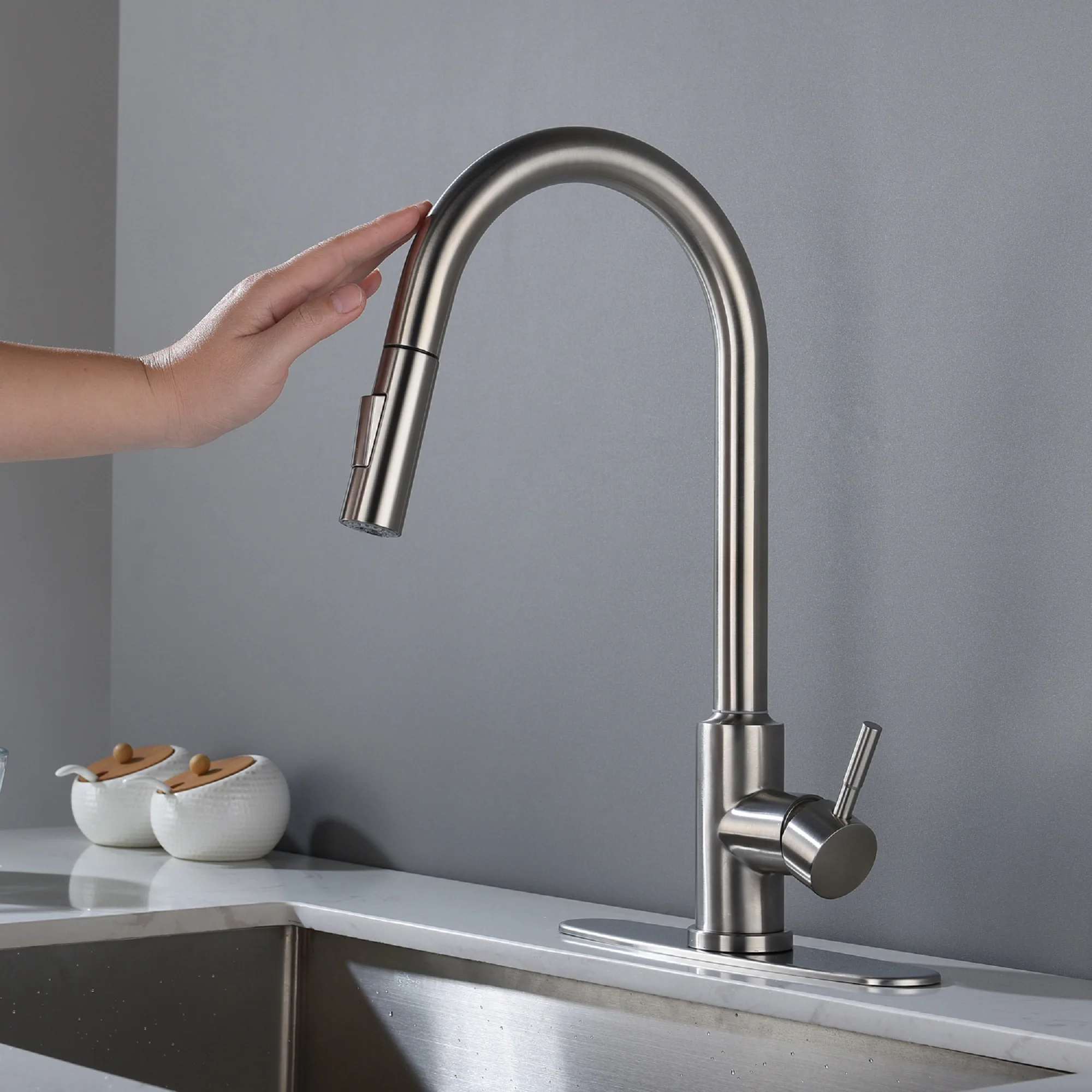 Brushed Nickel Pull-Down Kitchen Faucet, 304 Stainless Steel Single Handle High Arc Sink Mixer Tap with Pull Out Sprayer, Deck Mounted Hot and Cold Water
Brushed Nickel Pull-Down Kitchen Faucet, 304 Stainless Steel Single Handle High Arc Sink Mixer Tap with Pull Out Sprayer, Deck Mounted Hot and Cold Water
