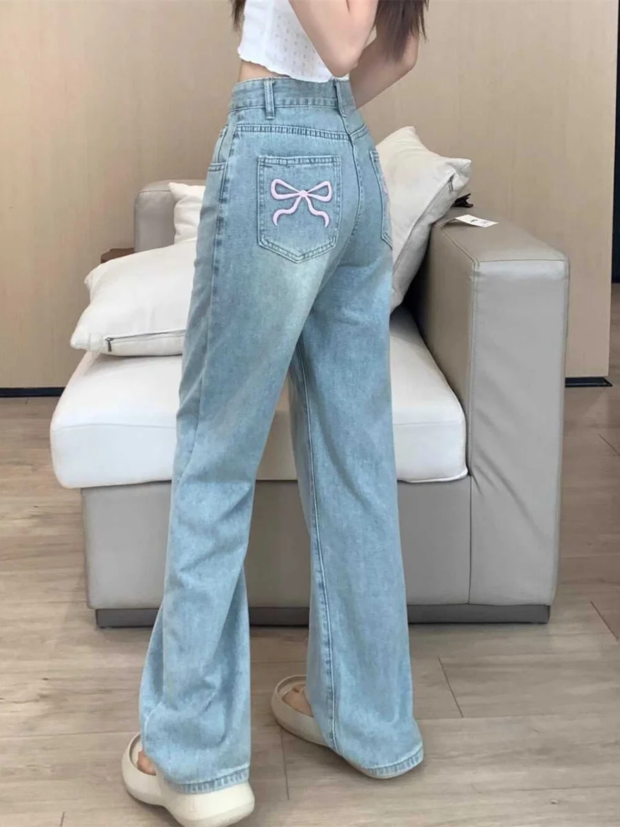 Summer Thin High Waist Straight Leg Jeans Women's Embroidered Knot Slimming Loose Wide Leg Pants Blue Denim orts
Summer Thin High Waist Straight Leg Jeans Women's Embroidered Knot Slimming Loose Wide Leg Pants Blue Denim orts