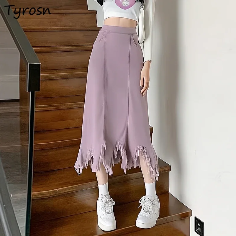 Irregular Tassel Skirts Women Purple Sweet Denim Fashion High Waist All-match Midi Temperament A-line Korean Style Ladies Casual
Irregular Tassel Skirts Women Purple Sweet Denim Fashion High Waist All-match Midi Temperament A-line Korean Style Ladies Casual