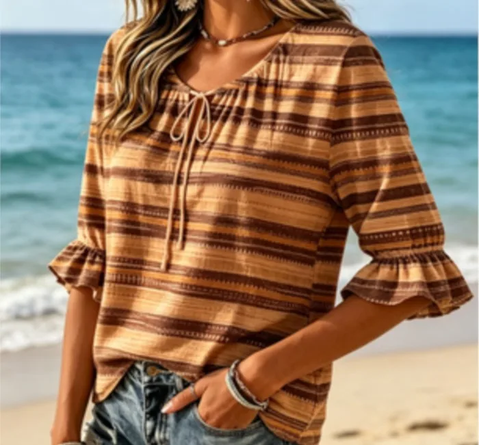 Women's Brown Striped Textured Tie Neck Blouse, Ruffle Half Sleeve Casual Top for Western Boho Autumn Daily Wear
Women's Brown Striped Textured Tie Neck Blouse, Ruffle Half Sleeve Casual Top for Western Boho Autumn Daily Wear