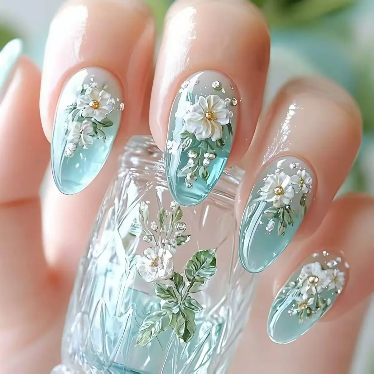 Medium fake nails for women girls half clear gradient green colors with flowers design full cover press on Artificial Nails art
Medium fake nails for women girls half clear gradient green colors with flowers design full cover press on Artificial Nails art