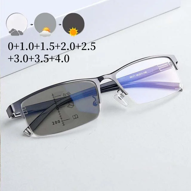 Half Frame Business Photochromic Reading Eyewear Ultra Light Blue Light Blocking Color Changing Multifocal Intelligent Glasses
Half Frame Business Photochromic Reading Eyewear Ultra Light Blue Light Blocking Color Changing Multifocal Intelligent Glasses
