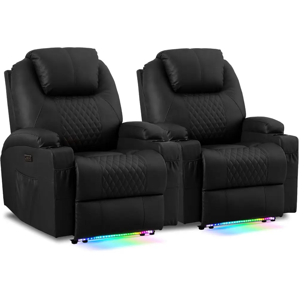 Black Leather Power Recliner with Vibration Massage, Heat, Cup Holders, LED Lights, and USB Ports for Home Theater
Black Leather Power Recliner with Vibration Massage, Heat, Cup Holders, LED Lights, and USB Ports for Home Theater