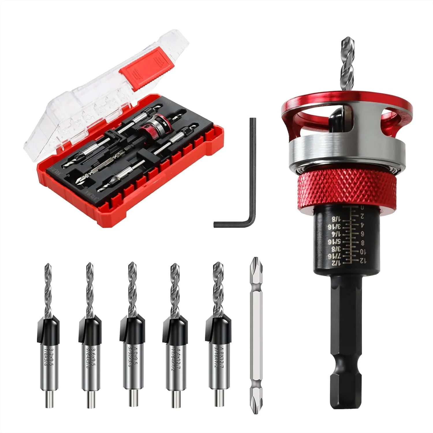 7-Piece Countersink Drill Bit Set with Aluminum Stop Collar, Adjustable Depth Control for Woodworking Projects
7-Piece Countersink Drill Bit Set with Aluminum Stop Collar, Adjustable Depth Control for Woodworking Projects