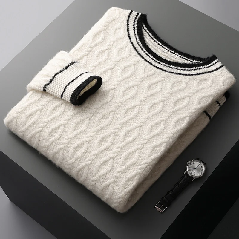 Autumn and winter new men's 100% merino wool O-neck sweater black and white stripes contrast thick sweater knit bottoming shirt
Autumn and winter new men's 100% merino wool O-neck sweater black and white stripes contrast thick sweater knit bottoming shirt