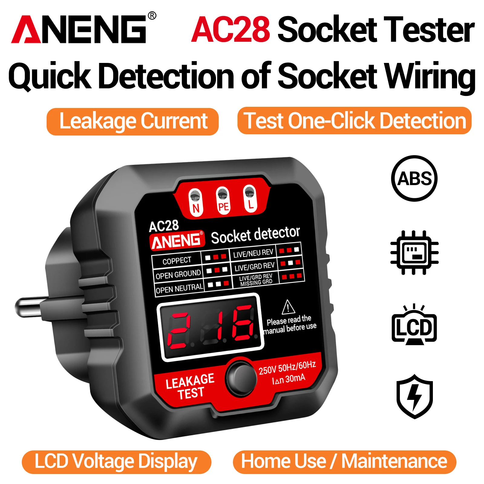ANENG AC28 Socket Leakage Detector LCD Digital Voltage Tester Wall Outlet Polarity Ground Fault Checker US EU Plug Available
ANENG AC28 Socket Leakage Detector LCD Digital Voltage Tester Wall Outlet Polarity Ground Fault Checker US EU Plug Available