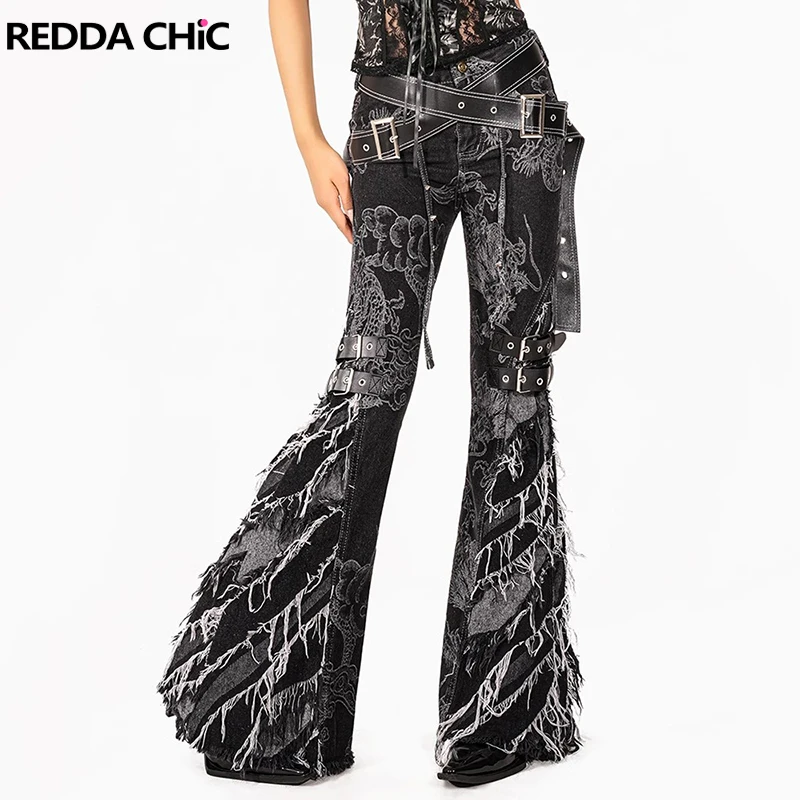 REDDACHiC Maximalist Dragon Pattern Women Flare Jeans Tassels Destroyed Belts Low Rise Bootcut Denim Pants Alt Grunge Streetwear
REDDACHiC Maximalist Dragon Pattern Women Flare Jeans Tassels Destroyed Belts Low Rise Bootcut Denim Pants Alt Grunge Streetwear