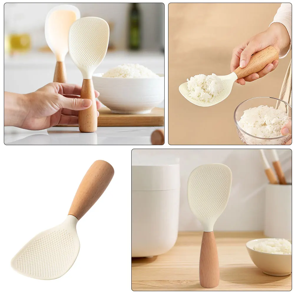 Silicone Rice Spoon Ladle Non Stick Paddle for Cooker Wooden Handle Sushi Silica Gel Standing 
Silicone Rice Spoon Ladle Non Stick Paddle for Cooker Wooden Handle Sushi Silica Gel Standing