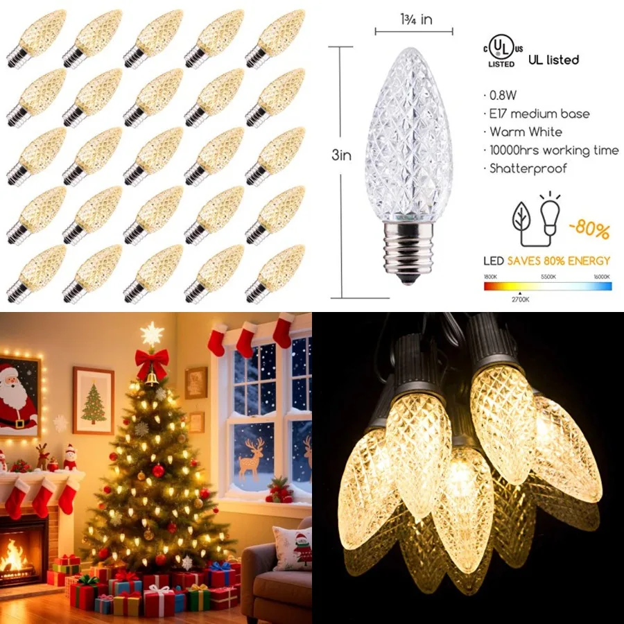 50 Pack C9 Led Replacement Christmas Light Bulb, C9 Shatterproof Led Bulb for Christmas String Light, E17 Intermediate Base, Co
50 Pack C9 Led Replacement Christmas Light Bulb, C9 Shatterproof Led Bulb for Christmas String Light, E17 Intermediate Base, Co