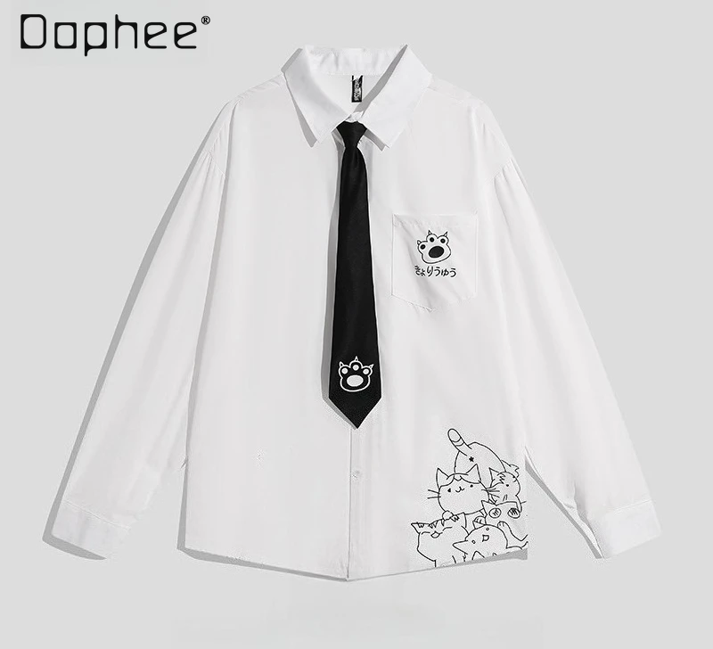 2025 Spring and Autumn Japanese Retro Print Cat White Long Sleeve Shirt College Style Couple Casual Loose Black Shirt
2025 Spring and Autumn Japanese Retro Print Cat White Long Sleeve Shirt College Style Couple Casual Loose Black Shirt