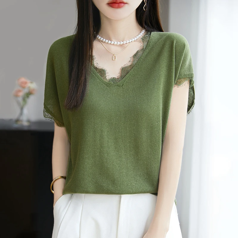 Summer New Knitted Lyocell Short Sleeve Vest V-neck Women's T-shirt Tops Casual Lace Splicing Blouse Loose Head Tees
Summer New Knitted Lyocell Short Sleeve Vest V-neck Women's T-shirt Tops Casual Lace Splicing Blouse Loose Head Tees