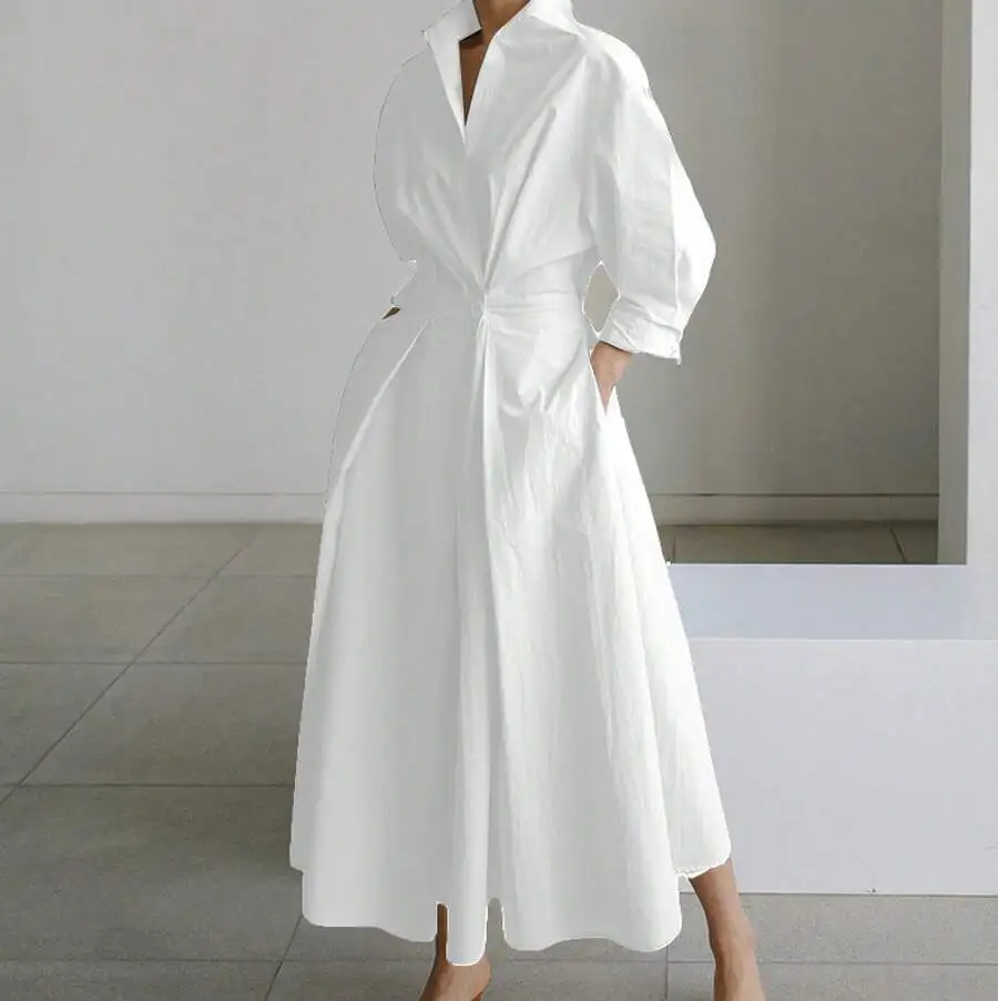 White V-Neck Long Sleeve Loose A-Line Shirt Dress Women Casual Elegant Midi
White V-Neck Long Sleeve Loose A-Line Shirt Dress Women Casual Elegant Midi