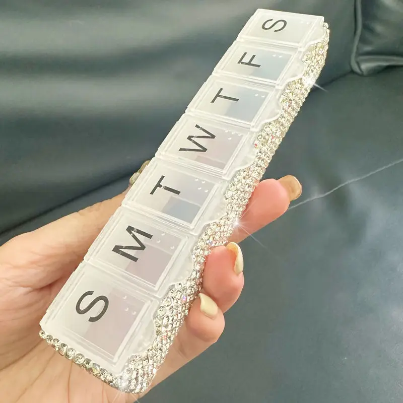 Mini Plastics Pill Box 7 Compartments Medical Splitter Organizer Rhinestone Candy Sealed Dispensing Medicine Storage Case
Mini Plastics Pill Box 7 Compartments Medical Splitter Organizer Rhinestone Candy Sealed Dispensing Medicine Storage Case