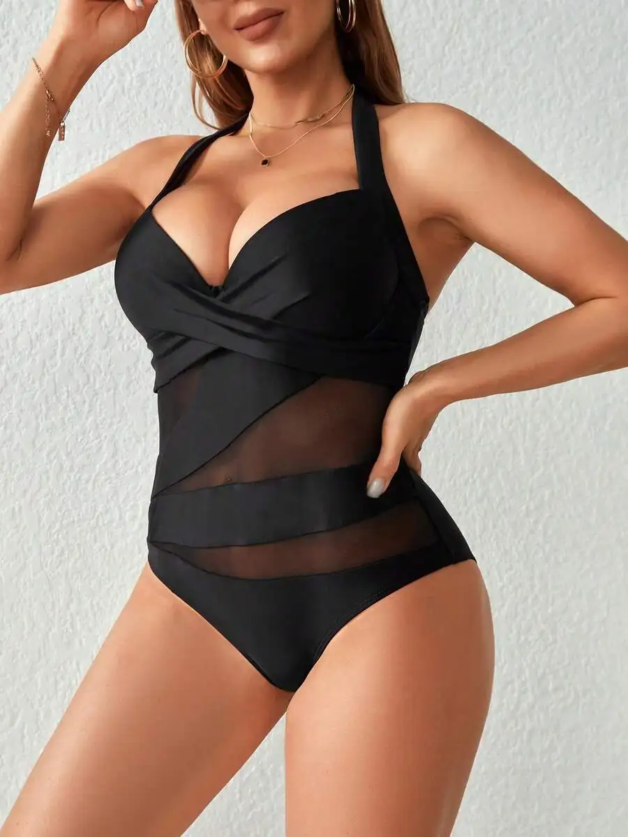 Womens Black Mesh Splice Halter One Piece Swimsuit Backless Summer
Womens Black Mesh Splice Halter One Piece Swimsuit Backless Summer