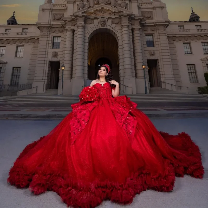 Red Quinceanera Dress off-shoulder Glitter Crystal Decal Lace Frill Long tail Bow vestidos de 15 Quinceanera Customize
Red Quinceanera Dress off-shoulder Glitter Crystal Decal Lace Frill Long tail Bow vestidos de 15 Quinceanera Customize