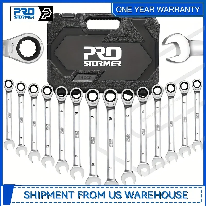 Prostormer 14pcs Ratcheting Combination Wrench Set, 6-19mm Metric Ratchet Wrenches Combo, Cr-V Steel, 72-Tooth Wrench Kit With Storage Case
Prostormer 14pcs Ratcheting Combination Wrench Set, 6-19mm Metric Ratchet Wrenches Combo, Cr-V Steel, 72-Tooth Wrench Kit With Storage Case
