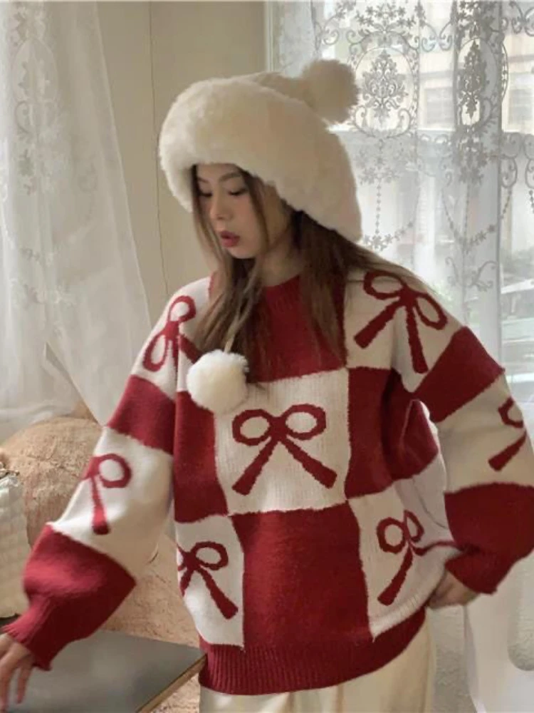 Preppy Style Pullovers Bow Jacquard Contrast Color Long Sleeve Casual Loose Sweaters All Match Fashion Sweet Women Clothing 2024
Preppy Style Pullovers Bow Jacquard Contrast Color Long Sleeve Casual Loose Sweaters All Match Fashion Sweet Women Clothing 2024