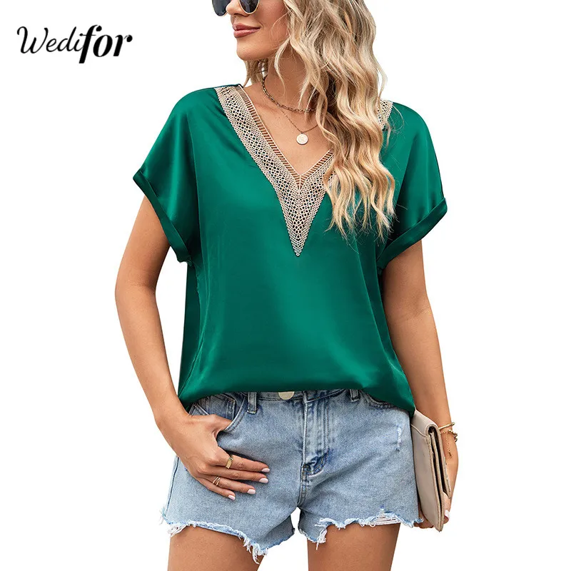 Wedifor Elegant Lace Patchwork Satin Blouse Shirt Women Short Batwing Sleeve V Neck Casual Loose Shirts Summer Fashion Tops
Wedifor Elegant Lace Patchwork Satin Blouse Shirt Women Short Batwing Sleeve V Neck Casual Loose Shirts Summer Fashion Tops