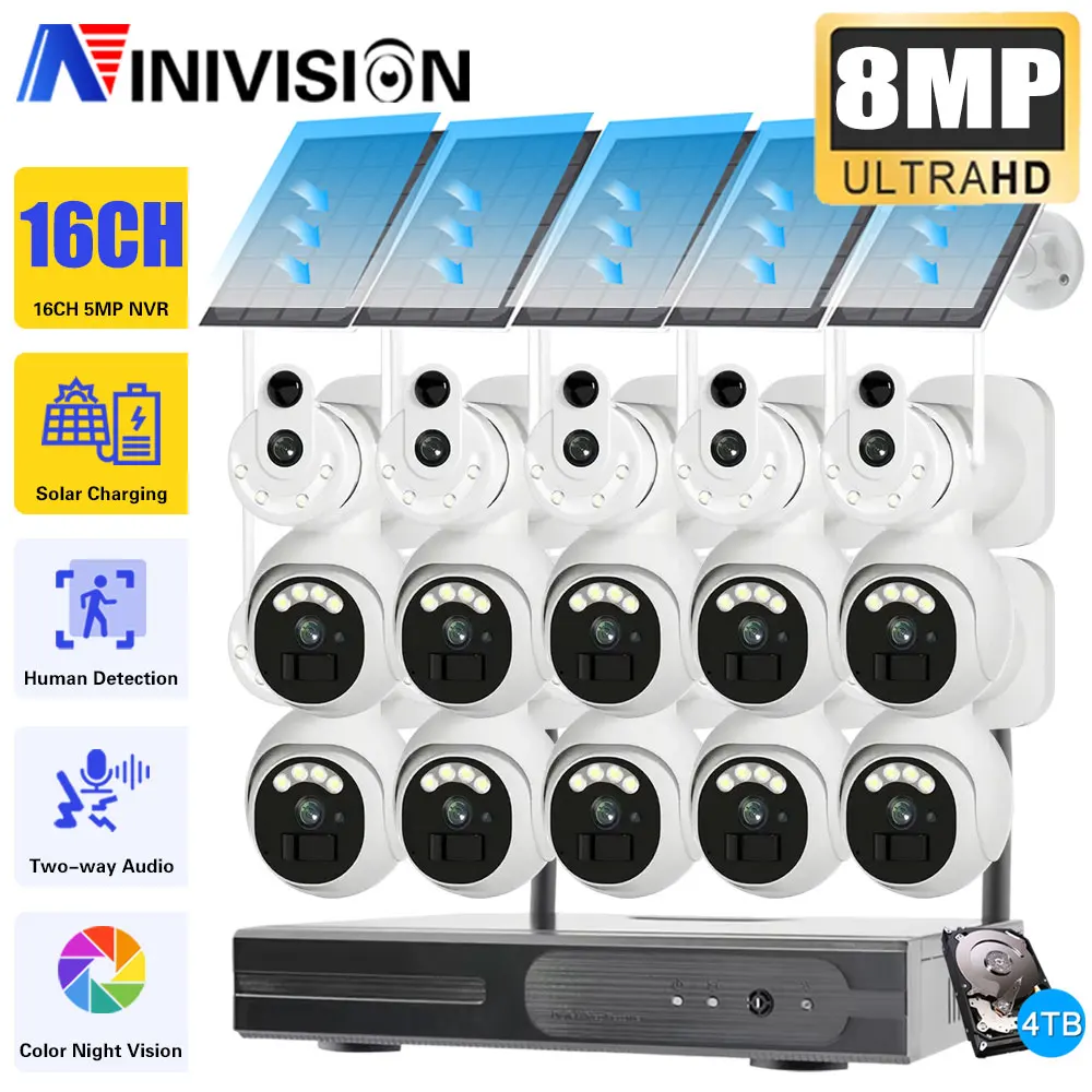 8MP Dual Lens Solar PTZ Camera Kit with Auto Tracking Two-Way Talk 16CH Wireless NVR Security System Wifi CCTV Surveillance Set
8MP Dual Lens Solar PTZ Camera Kit with Auto Tracking Two-Way Talk 16CH Wireless NVR Security System Wifi CCTV Surveillance Set
