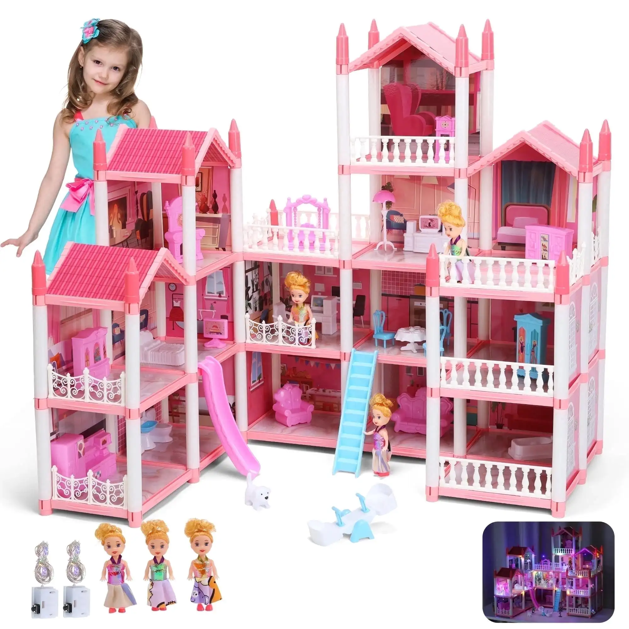 16 Rooms Pink Dollhouse for Girls 3+, Pretend Play Toy with Furniture, Accessories, Colorful Lights & 3 Dolls, Ideal Gift
16 Rooms Pink Dollhouse for Girls 3+, Pretend Play Toy with Furniture, Accessories, Colorful Lights & 3 Dolls, Ideal Gift