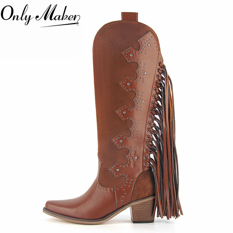 Onlymaker Brown Fringe Western Cowboy Boots Block Heel Studded Faux Suede Knee High Pull On Mid Calf Cowgirl Western Boots
Onlymaker Brown Fringe Western Cowboy Boots Block Heel Studded Faux Suede Knee High Pull On Mid Calf Cowgirl Western Boots