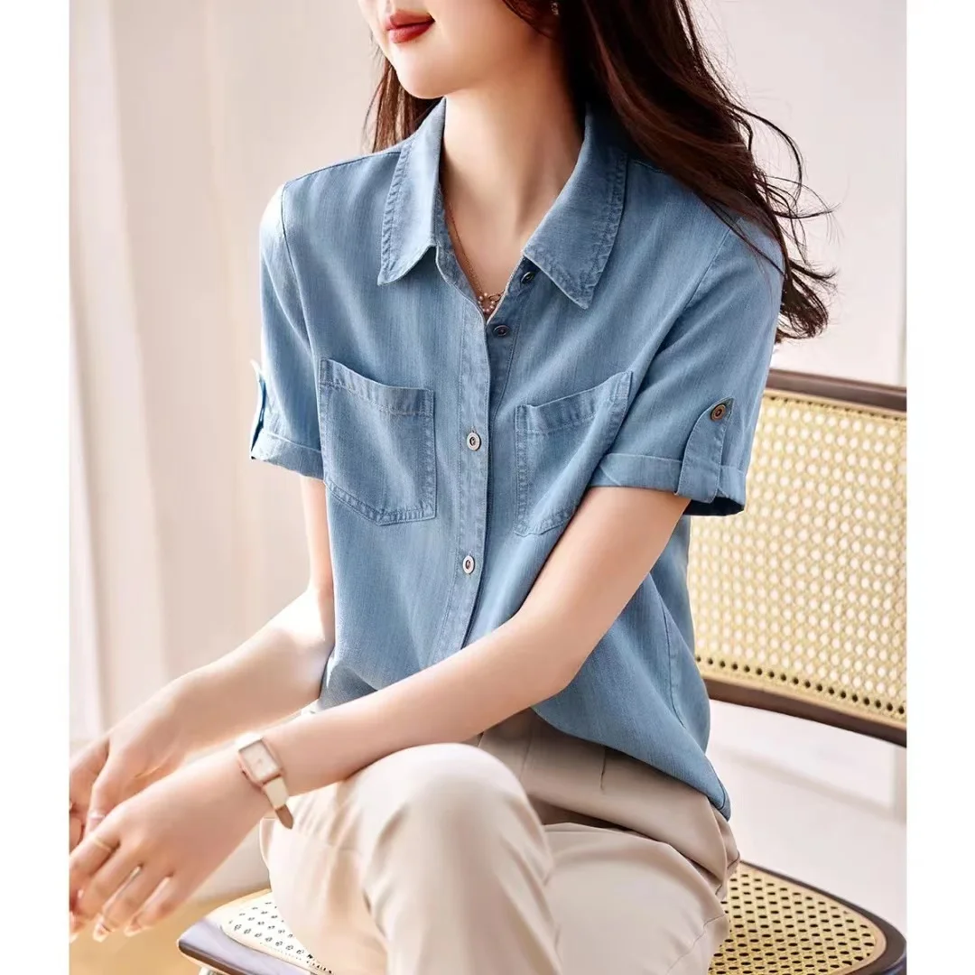 Женская летняя универсальная джинсовая рубашка с коротким рукавом, прямого кроя, из тонкой хлопково-полиэстеровой смеси
Женская летняя универсальная джинсовая рубашка с коротким рукавом, прямого кроя, из тонкой хлопково-полиэстеровой смеси