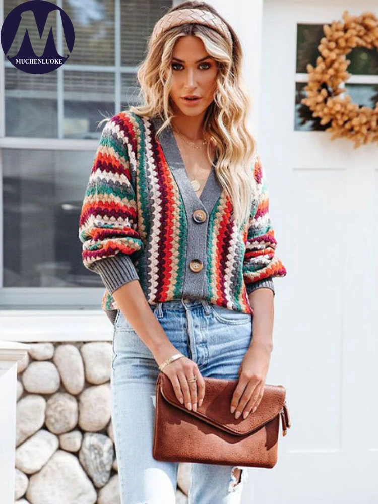 Female Sweater 2023 Autumn/Winter New Stripe Knitted Cardigan Fashion Casual Loose V Neck Long Sleeve Women's Sweaters Coats
Female Sweater 2023 Autumn/Winter New Stripe Knitted Cardigan Fashion Casual Loose V Neck Long Sleeve Women's Sweaters Coats