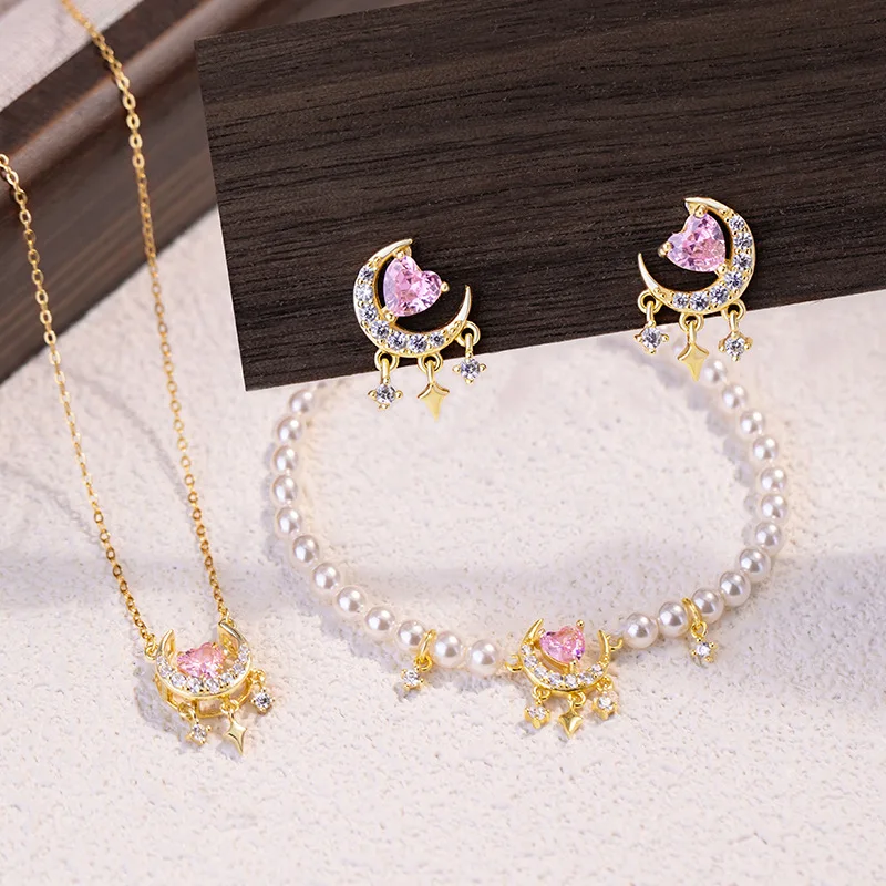 S925 Pure Silver Pink Love Zircon Star Moon Necklace Pearl Bracelet Earnail Jewelry Set Women's Engagement Anniversary Gift
S925 Pure Silver Pink Love Zircon Star Moon Necklace Pearl Bracelet Earnail Jewelry Set Women's Engagement Anniversary Gift