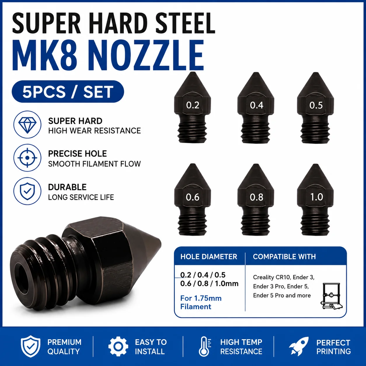 Super Hardened Steel Nozzle MK8 5Pcs/Lots Hard Reprap 1.75mm 0.2/0.4/0.5/0.6/0.8/1.0mm for 3D Printers Hotend CR10 Ender3
Super Hardened Steel Nozzle MK8 5Pcs/Lots Hard Reprap 1.75mm 0.2/0.4/0.5/0.6/0.8/1.0mm for 3D Printers Hotend CR10 Ender3