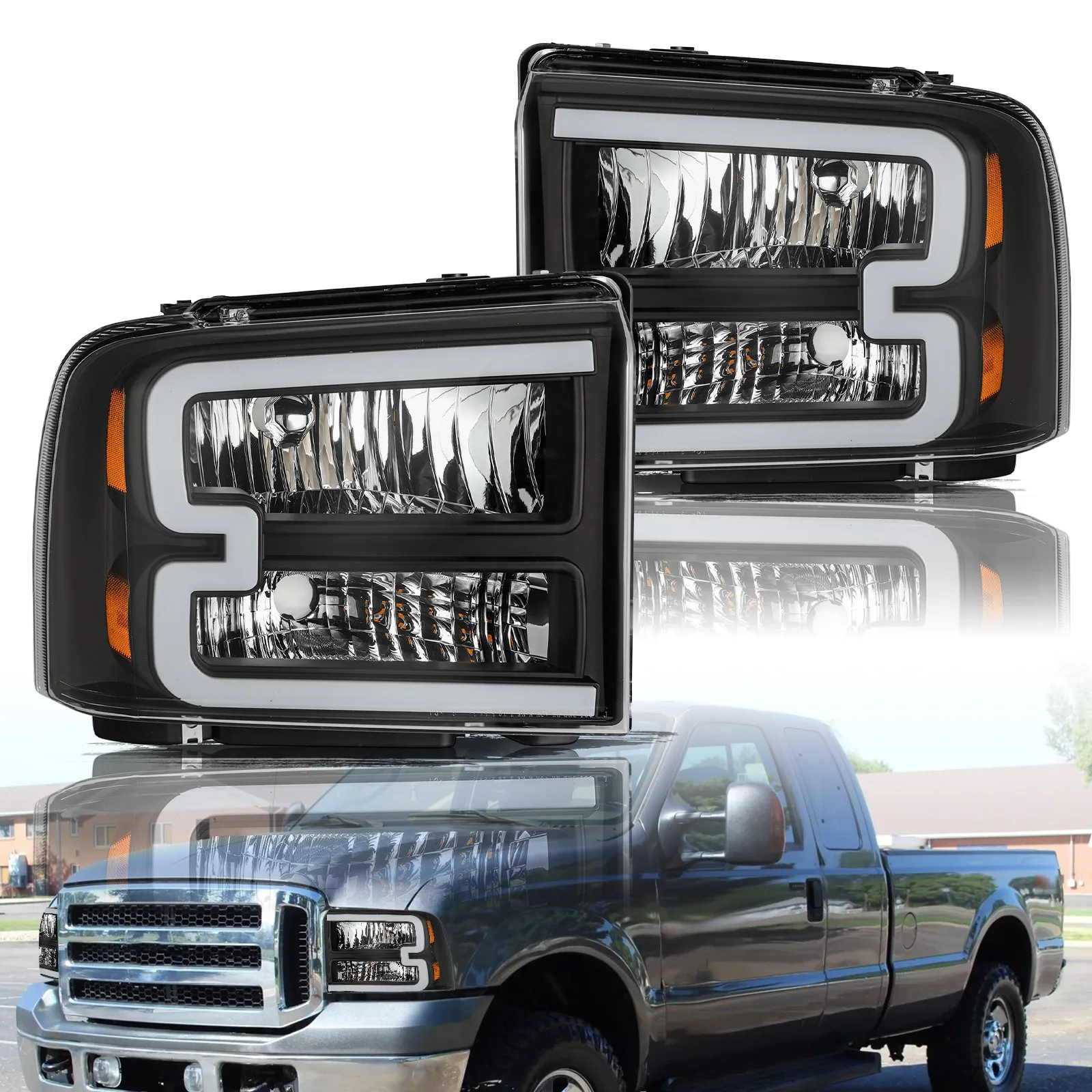 For 2005-2007 Ford F250 F350 F450 Super Duty LED DRL Black Amber Headlights Pair
For 2005-2007 Ford F250 F350 F450 Super Duty LED DRL Black Amber Headlights Pair