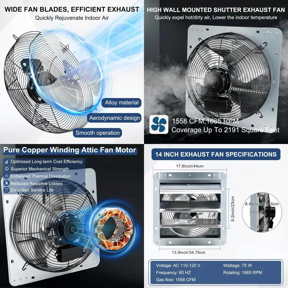 14 Wall-Mounted Shutter Exhaust Fan with ON/OFF, High-Speed, Low-Noise, Pure Copper Motor, Ideal for Gable, Shed, Garage, Greenh
14 Wall-Mounted Shutter Exhaust Fan with ON/OFF, High-Speed, Low-Noise, Pure Copper Motor, Ideal for Gable, Shed, Garage, Greenh