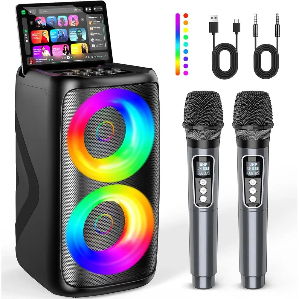 Portable Bluetooth Karaoke Speaker with 2 Wireless Microphones and LED Lights for Birthday Gifts or Party, Supports TWS/TF/USB/A
Portable Bluetooth Karaoke Speaker with 2 Wireless Microphones and LED Lights for Birthday Gifts or Party, Supports TWS/TF/USB/A