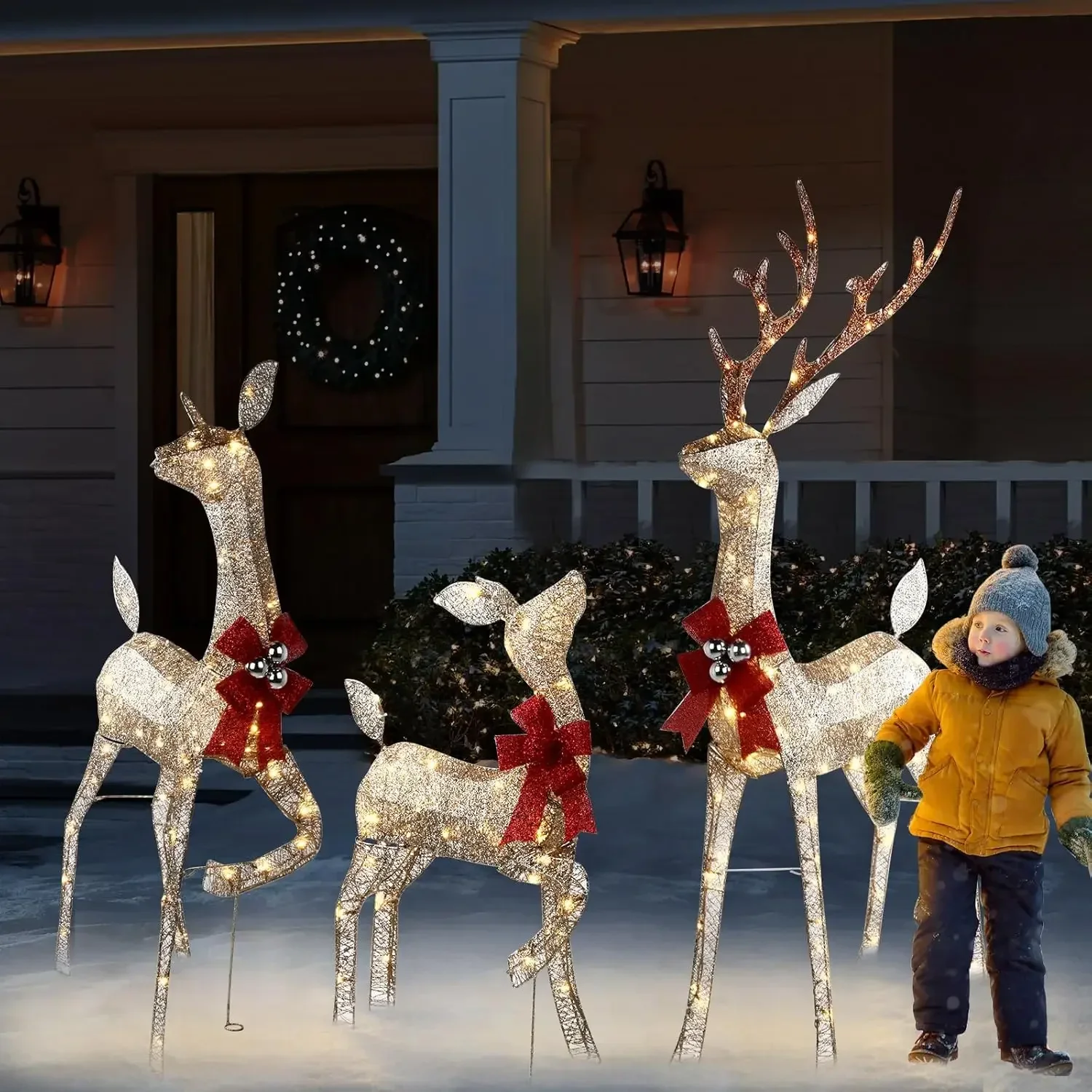 Glimmering Gold LED Deer Trio - Outdoor Christmas Decoration Set with 5ft Stag, 4ft Doe, and 2.5ft Fawn Illuminated with 240 Sof
Glimmering Gold LED Deer Trio - Outdoor Christmas Decoration Set with 5ft Stag, 4ft Doe, and 2.5ft Fawn Illuminated with 240 Sof