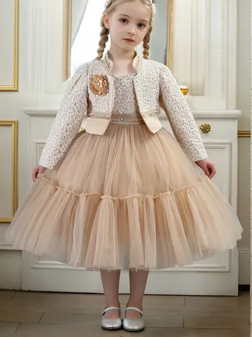 Girls Dress Set Spring Autumn Khaki Lotus Lace 2024 Fashion New Children Clothes Cute Princess Dresses and Coat Outfits 2-8 Year