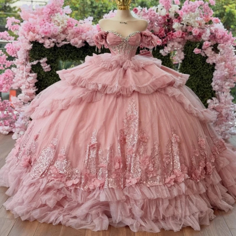 Pink Shiny Ball Gown Quinceanera Dresses Applique Flower Beading Crystal Bow Tiered Tull Corset Off Shoulder Sweet 16 Dress
Pink Shiny Ball Gown Quinceanera Dresses Applique Flower Beading Crystal Bow Tiered Tull Corset Off Shoulder Sweet 16 Dress