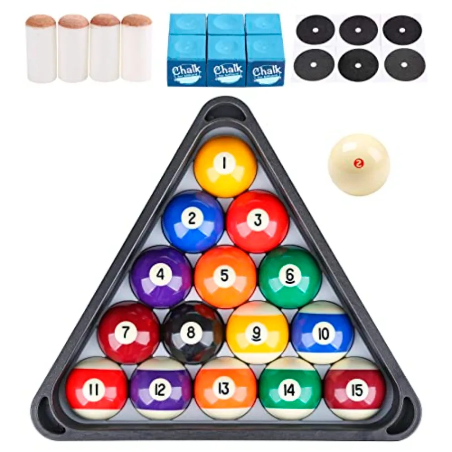 Billiard Pool Balls with Triangle Ball Rack, Cue Chalks, Table Spot Stickers and Tip Replacements - Pool Table Accessories
Billiard Pool Balls with Triangle Ball Rack, Cue Chalks, Table Spot Stickers and Tip Replacements - Pool Table Accessories