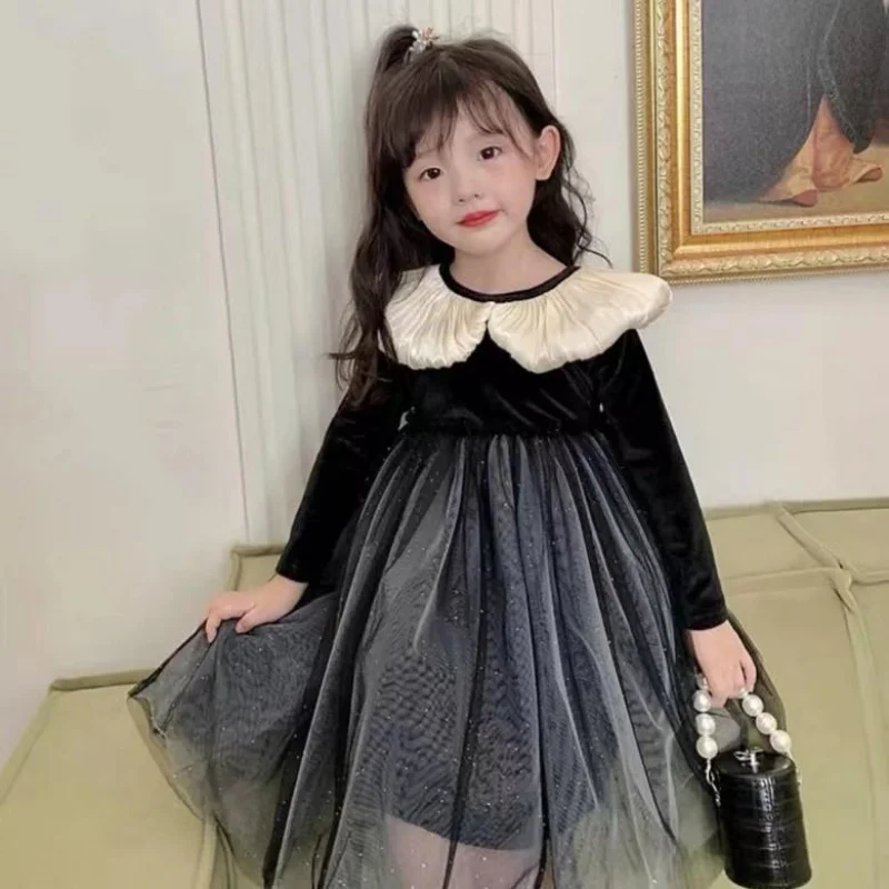Children's Dress Hepburn Little GoddesshhkidsGirls' Velvet High-End Mesh Dress with Fleece Lining, Thickened Dress, New Arrival 
Children's Dress Hepburn Little GoddesshhkidsGirls' Velvet High-End Mesh Dress with Fleece Lining, Thickened Dress, New Arrival