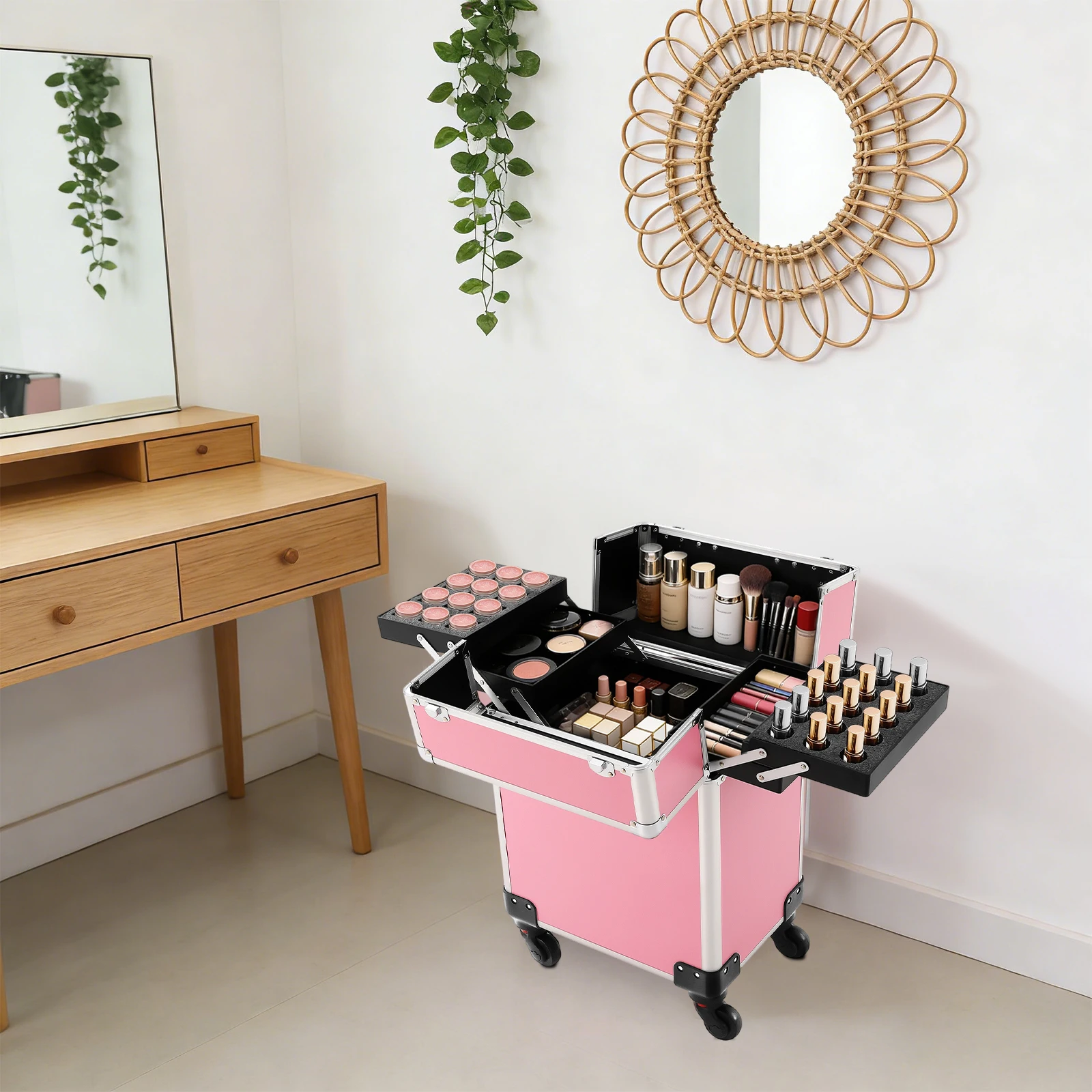 Modern Makeup Suitcase with Lock + Two Keys, Wide Opening + Wrapped Corners, Ideal for Business and Travel Use
Modern Makeup Suitcase with Lock + Two Keys, Wide Opening + Wrapped Corners, Ideal for Business and Travel Use