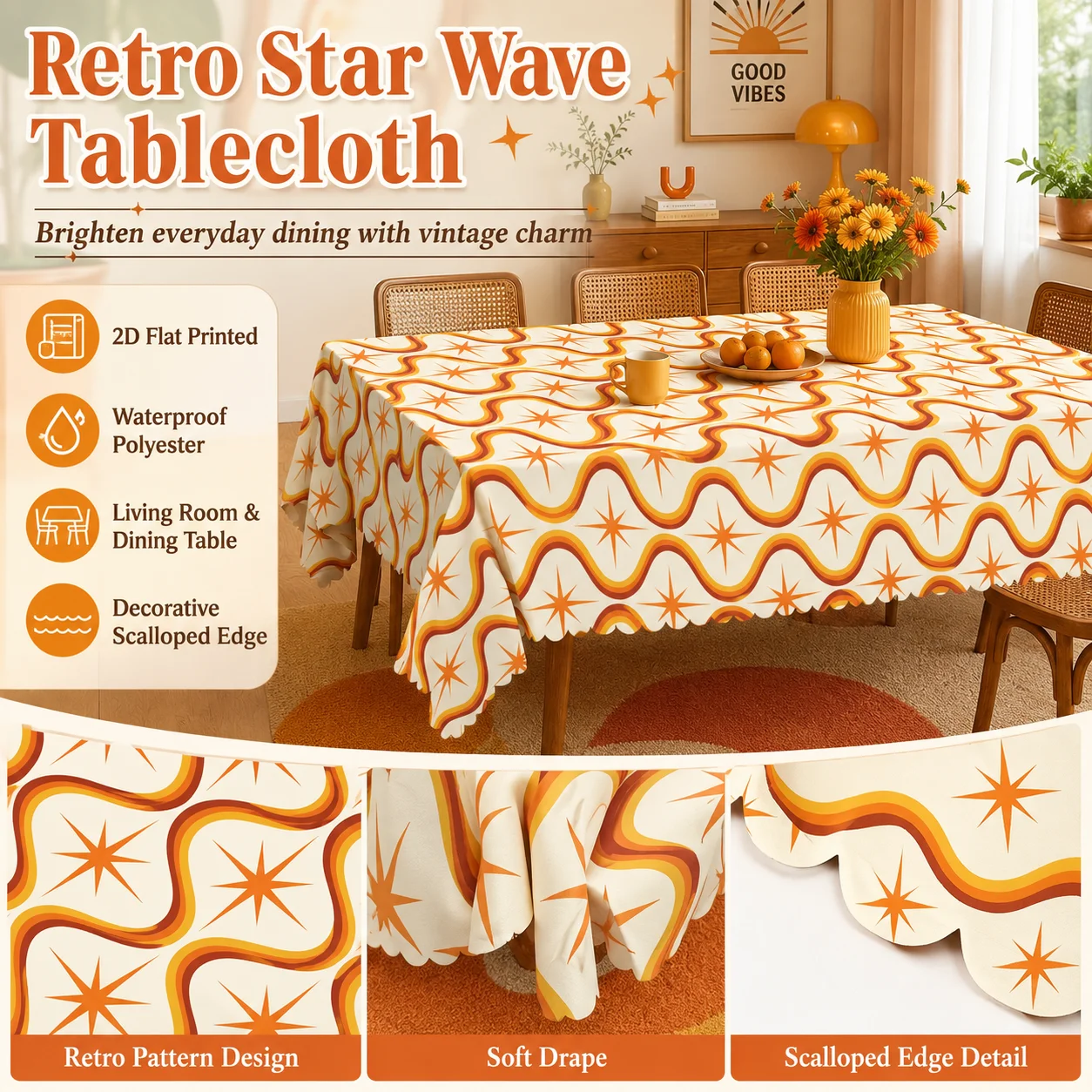 Retro Star Wave Tablecloth Waterproof Polyester 2D Flat Printed Scalloped Table Cover For Dining Room Kitchen Party Decor
Retro Star Wave Tablecloth Waterproof Polyester 2D Flat Printed Scalloped Table Cover For Dining Room Kitchen Party Decor