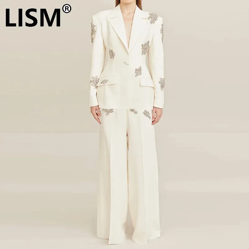 LISM Fashion Women 2 Pcs Set Notched Collar Long Sleeve Diamond Setting Blazer High Waist Loose Pants Elegant Suit Autumn 2024
LISM Fashion Women 2 Pcs Set Notched Collar Long Sleeve Diamond Setting Blazer High Waist Loose Pants Elegant Suit Autumn 2024