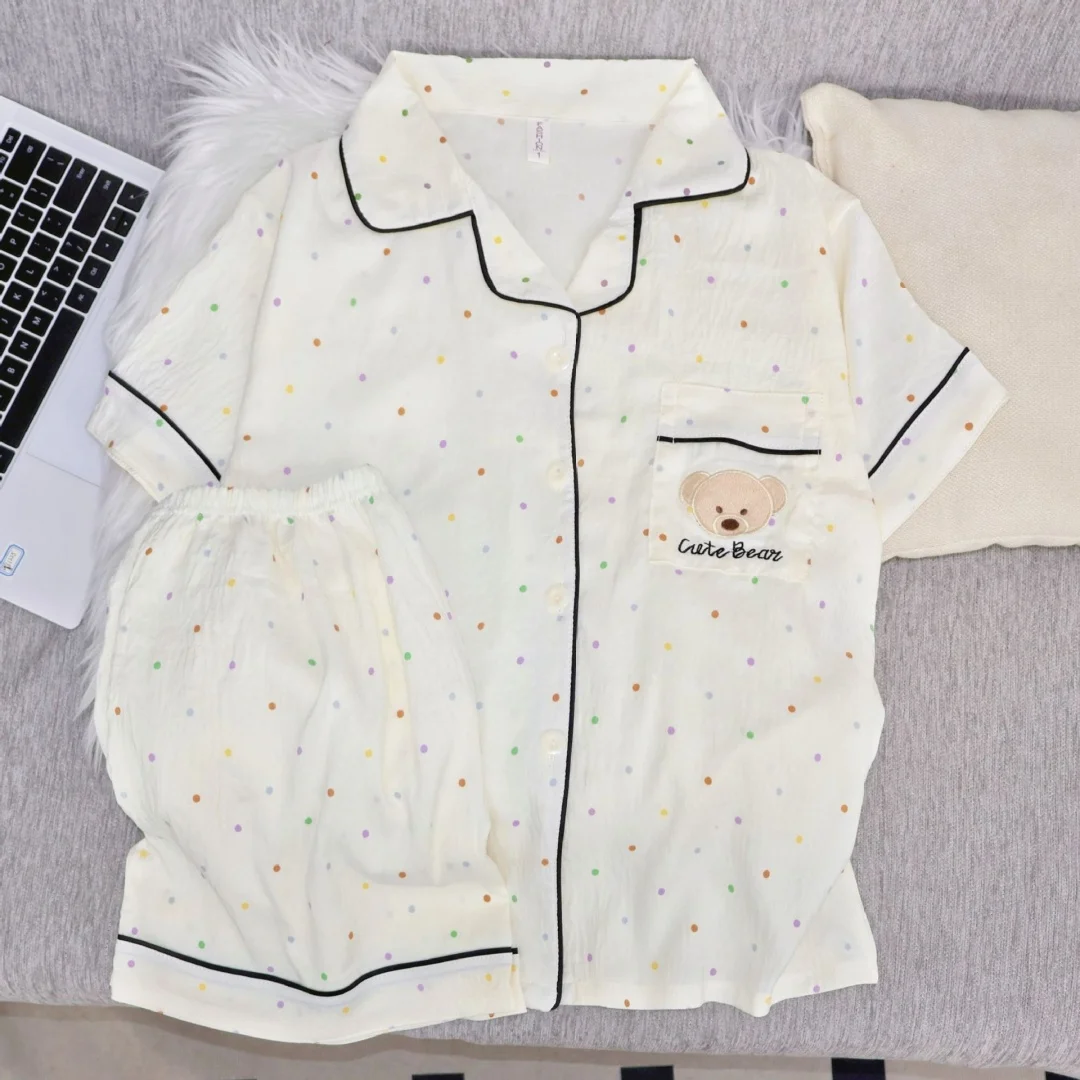 Cute Summer Women's Pajamas Set Colorful Polka Bear Printed Loungewear Home Wear with Lapels Short Sleeves and Shorts Pants
Cute Summer Women's Pajamas Set Colorful Polka Bear Printed Loungewear Home Wear with Lapels Short Sleeves and Shorts Pants