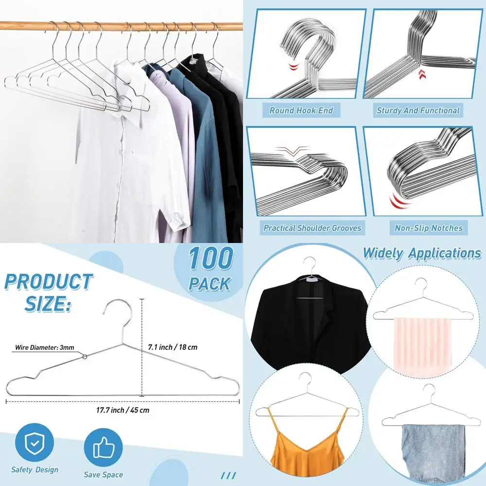 Stainless Steel Wire Hangers - 100 Pack, Ultra-Thin, Space-Saving, 17.7 for Coats, Suits, Dresses, Closet, Dorm, Silver.
Stainless Steel Wire Hangers - 100 Pack, Ultra-Thin, Space-Saving, 17.7 for Coats, Suits, Dresses, Closet, Dorm, Silver.