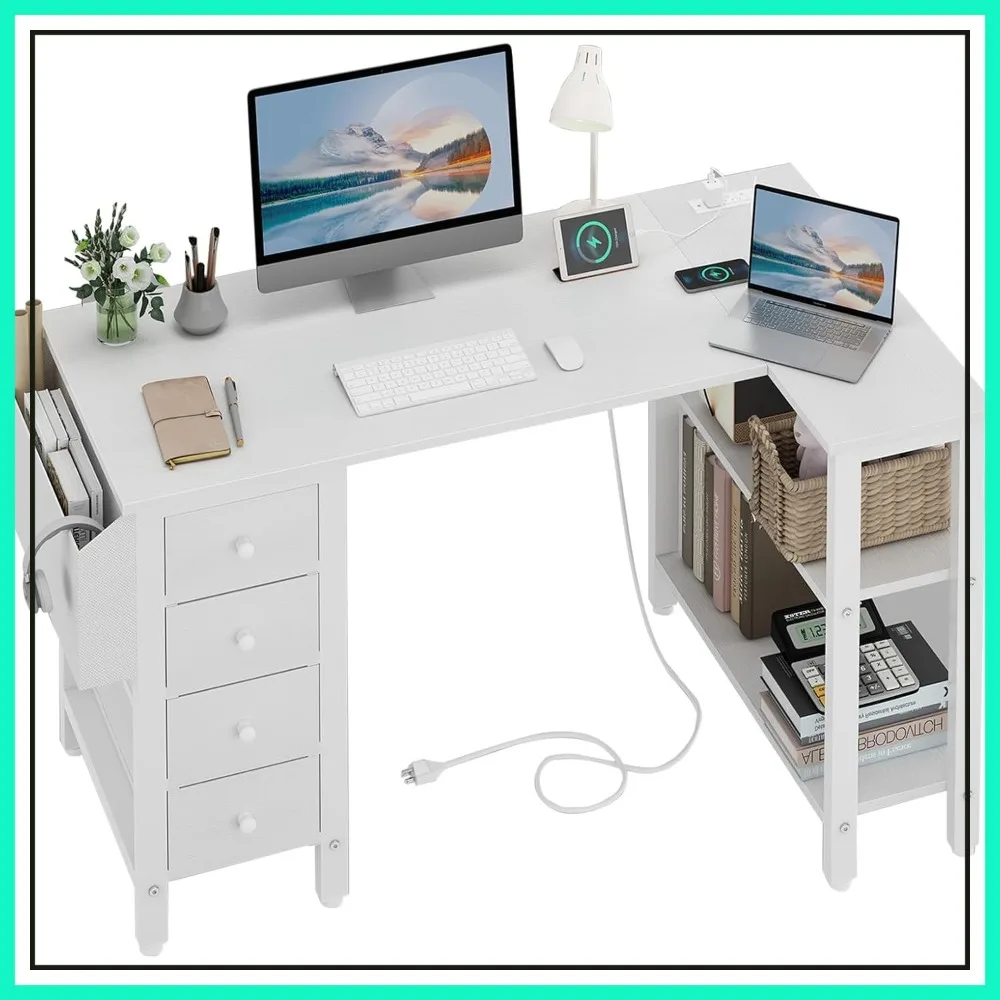 L-Shaped Computer Desk with Drawers & Shelves, 47 Inch Corner Desk with Power Outlet for Home Office, White
L-Shaped Computer Desk with Drawers & Shelves, 47 Inch Corner Desk with Power Outlet for Home Office, White