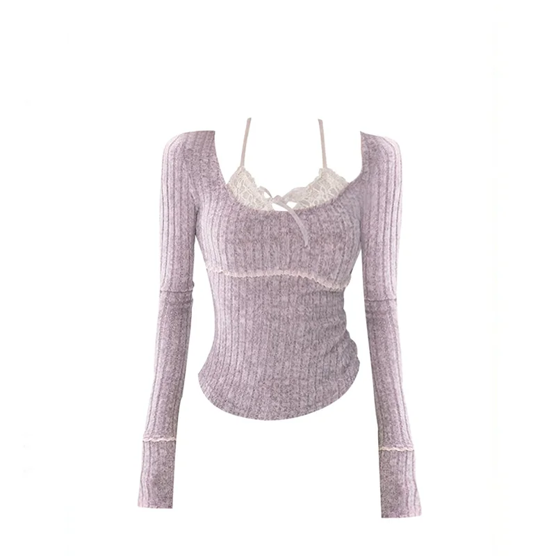Deeptown Sweet Coquette Knitted T-shirts Women Sexy Vintage Elegant Korean Style Long Sleeve Lace Patchwork Tops Fake Two-piece
Deeptown Sweet Coquette Knitted T-shirts Women Sexy Vintage Elegant Korean Style Long Sleeve Lace Patchwork Tops Fake Two-piece