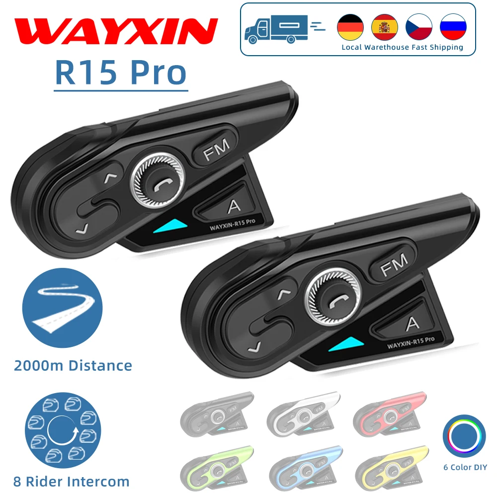 WAYXIN R15 Pro Helmet Headset 8 Riders Motorcycle Intercom Universal Pairing FM Radio Interphone Communication System Waterproof