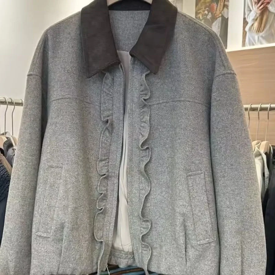 Together Gray Women Woolen Coat Splicing Stringy Selvedge Blazer Jacket Zipper Autumn Turn Down Collar Baseball Outerwears
Together Gray Women Woolen Coat Splicing Stringy Selvedge Blazer Jacket Zipper Autumn Turn Down Collar Baseball Outerwears