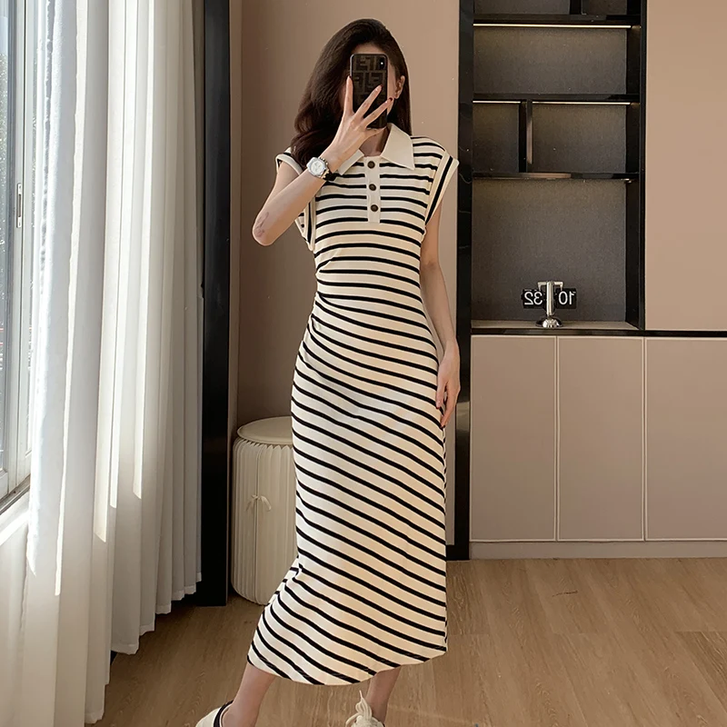 Women Striped Short Sleeve Fashion Commute Sleeveless Dresses Summer 2025 New Folds Slim Long Dress
Women Striped Short Sleeve Fashion Commute Sleeveless Dresses Summer 2025 New Folds Slim Long Dress